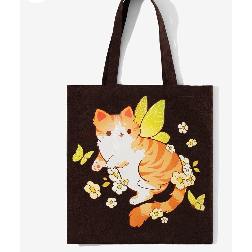 Kitty Fairy Floral Butterfly‎ Brown Tote Bag Orange Cat New